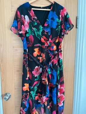 Floral V-Neck Wrap Dress - Black with Multicolor Floral
